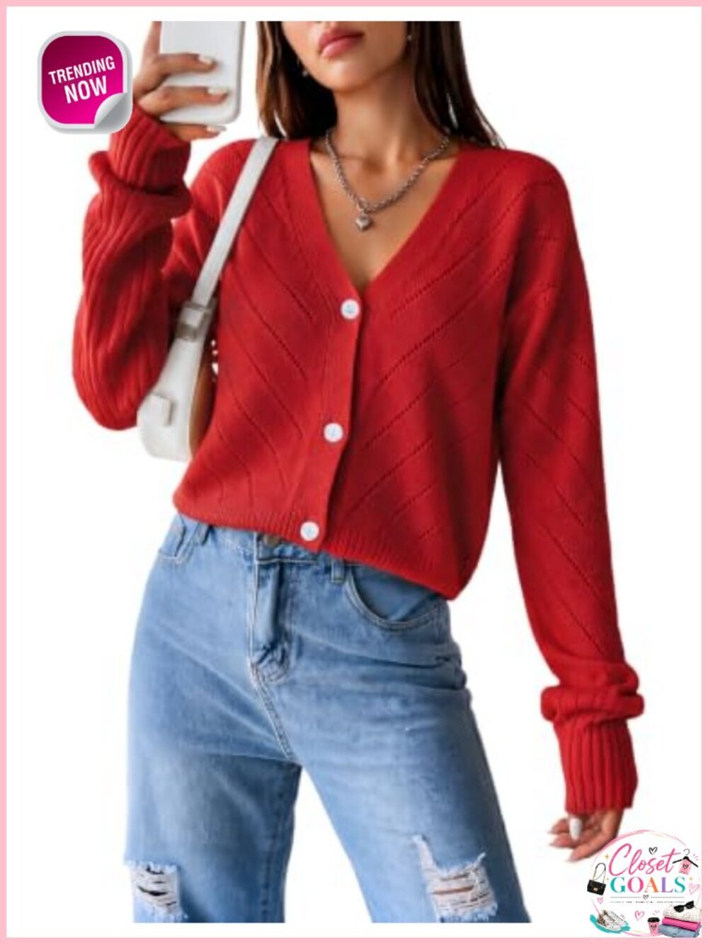 Crochet Cardigan V Neck Open Front Long Sleeve Pointelle Knit Boxy Fit